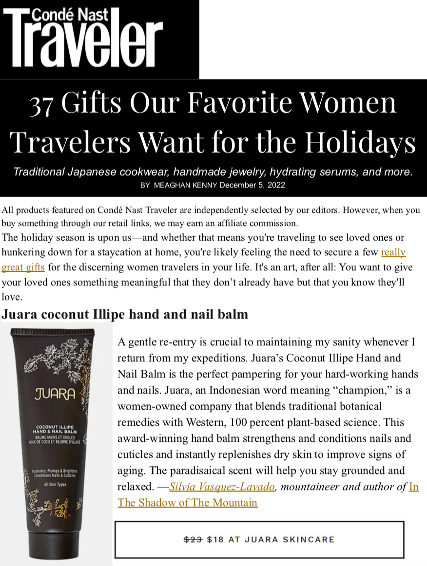 CONDE NAST TRAVELER: 37 Gifts Our Favorite Women Travelers Want for the Holidays JUARA Skincare