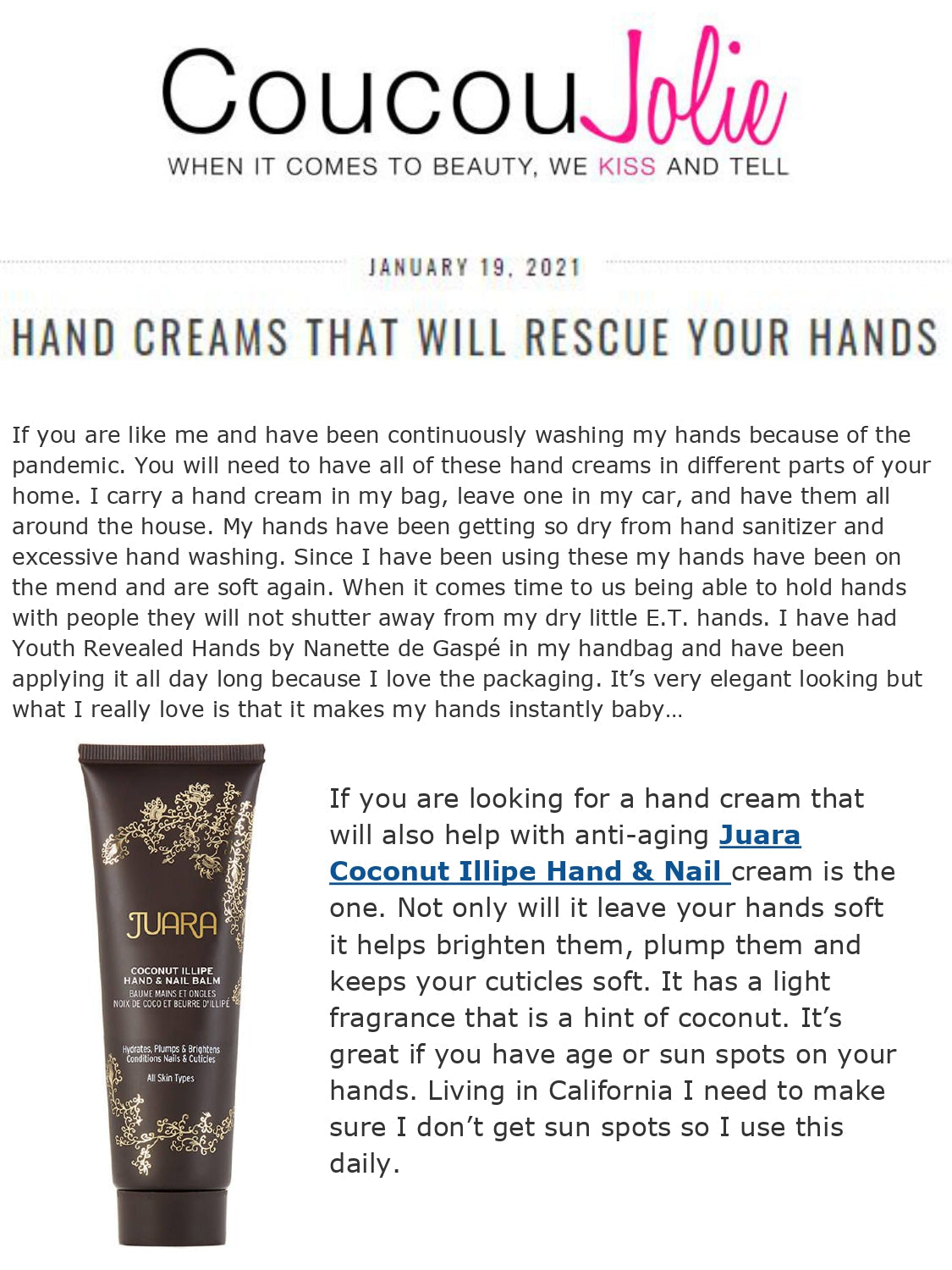COUCOU JOLIE : Hand Creams That Will Rescue Your Hands JUARA Skincare