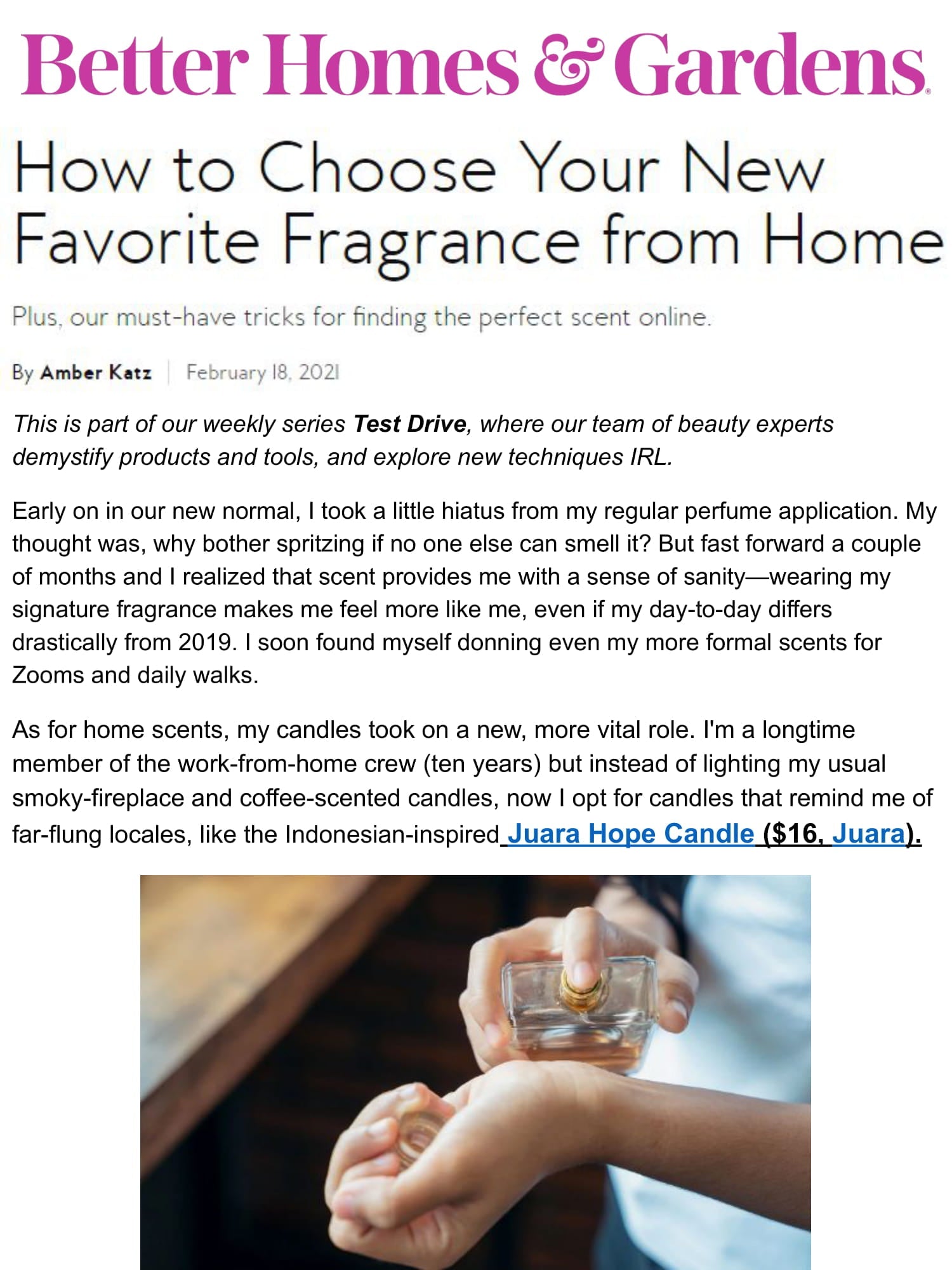 BETTER HOMES & GARDENS : How to Choose Your New Favorite Fragrance from Home JUARA Skincare