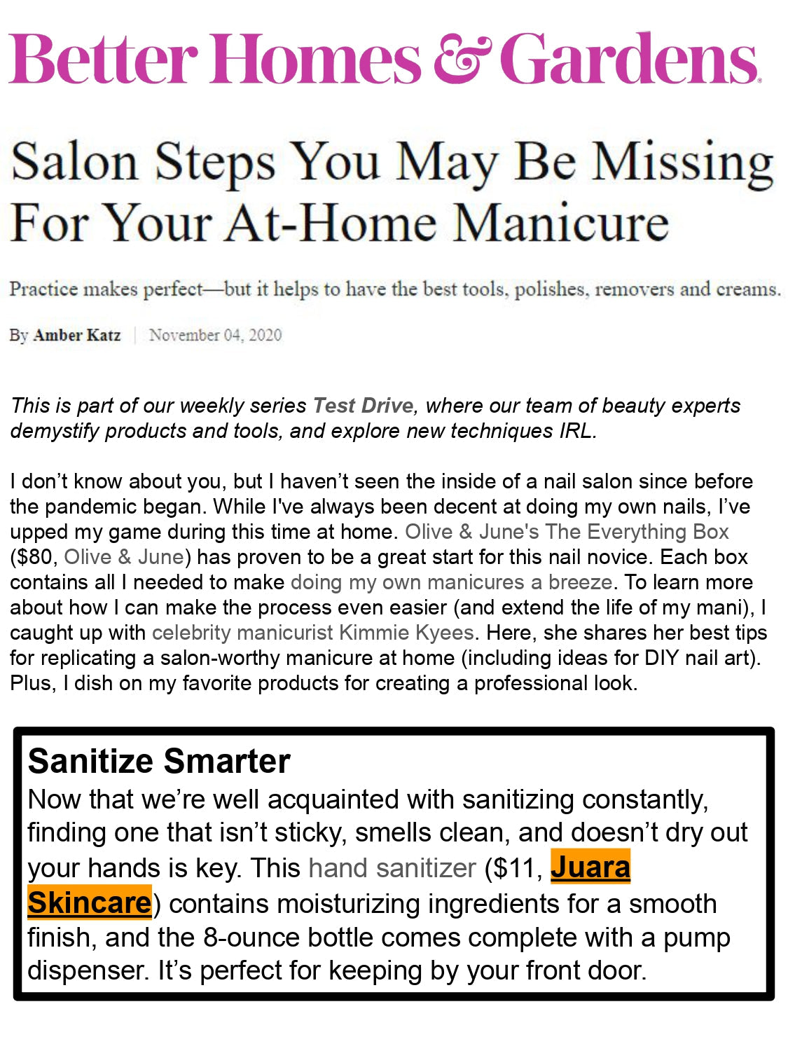 BETTER HOMES & GARDENS : Salon Steps You May Be Missing For Your At-Home Manicure JUARA Skincare