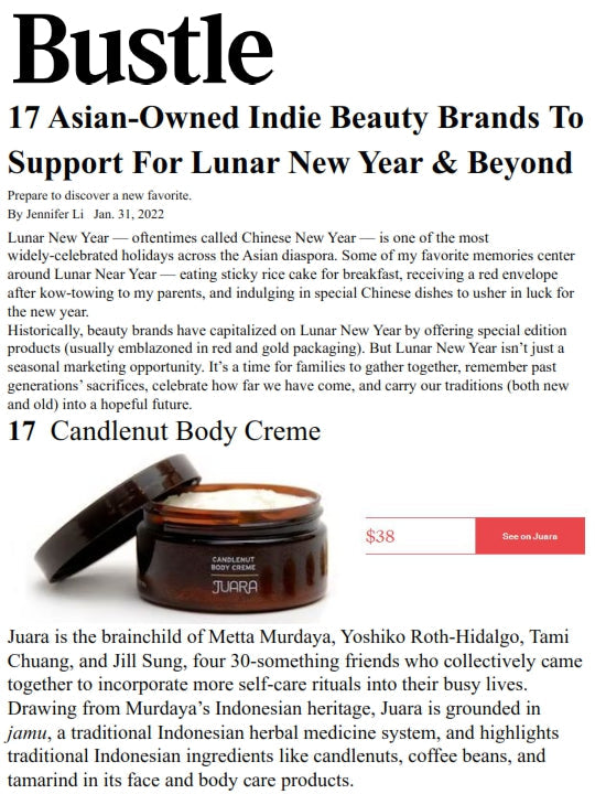 BUSTLE: 17 Asian-Owned Indie Beauty Brands To Support For Lunar New Year & Beyond JUARA Skincare