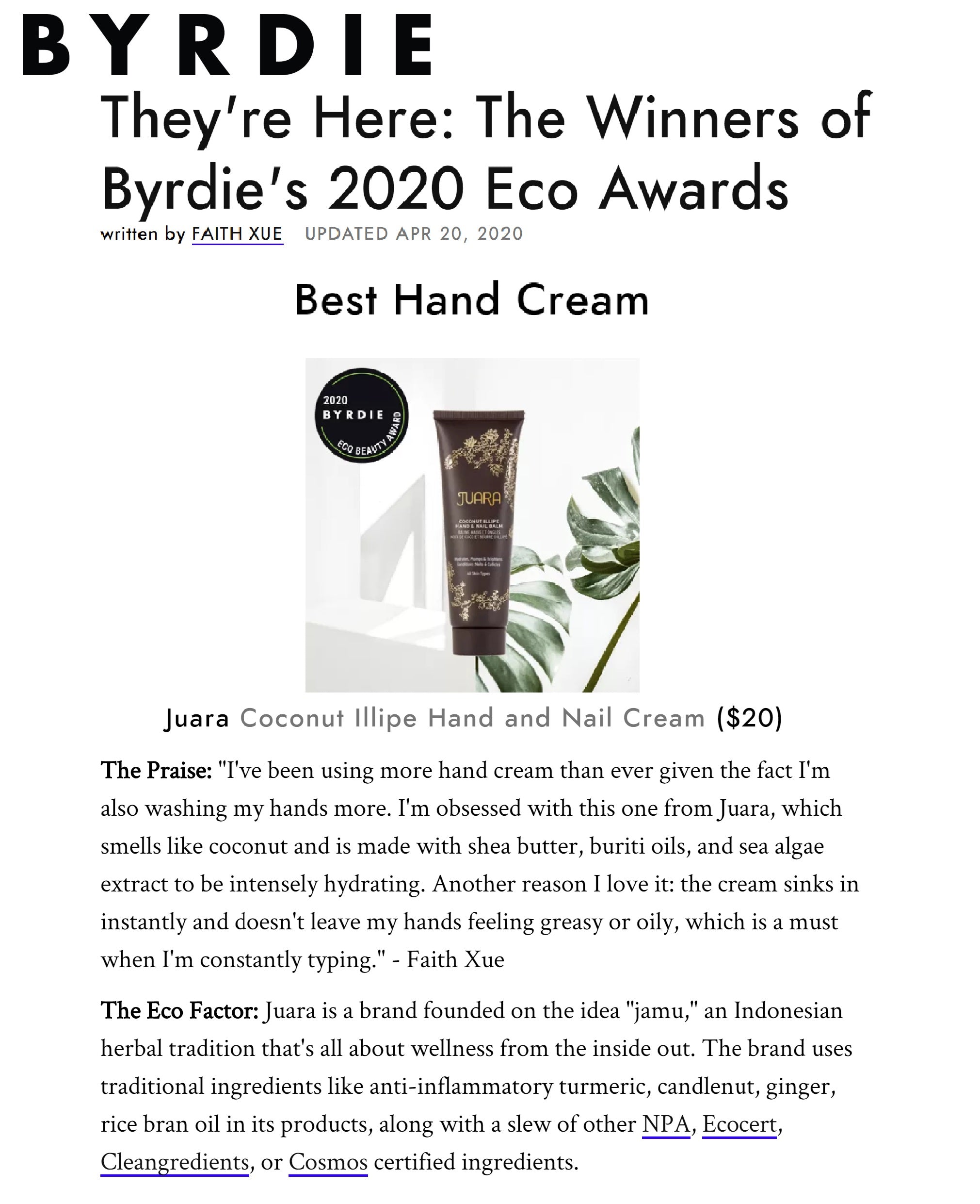 BYRDIE: They're Here: The Winners of Byrdie's 2020 Eco Awards JUARA Skincare