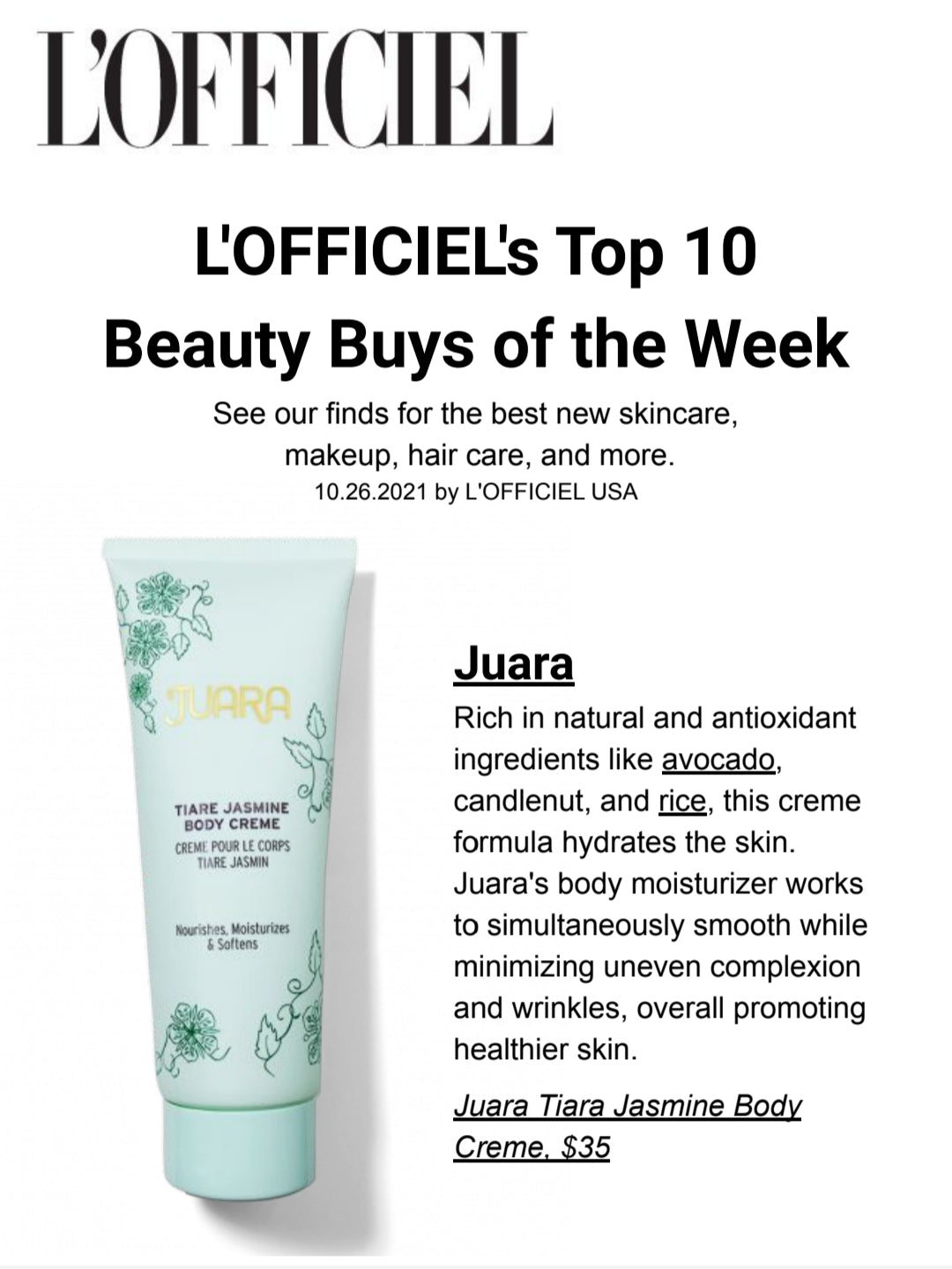 L'OFFICICIEL USA: L'OFFICIEL's TOP 10 Beauty Buys of the Week JUARA Skincare