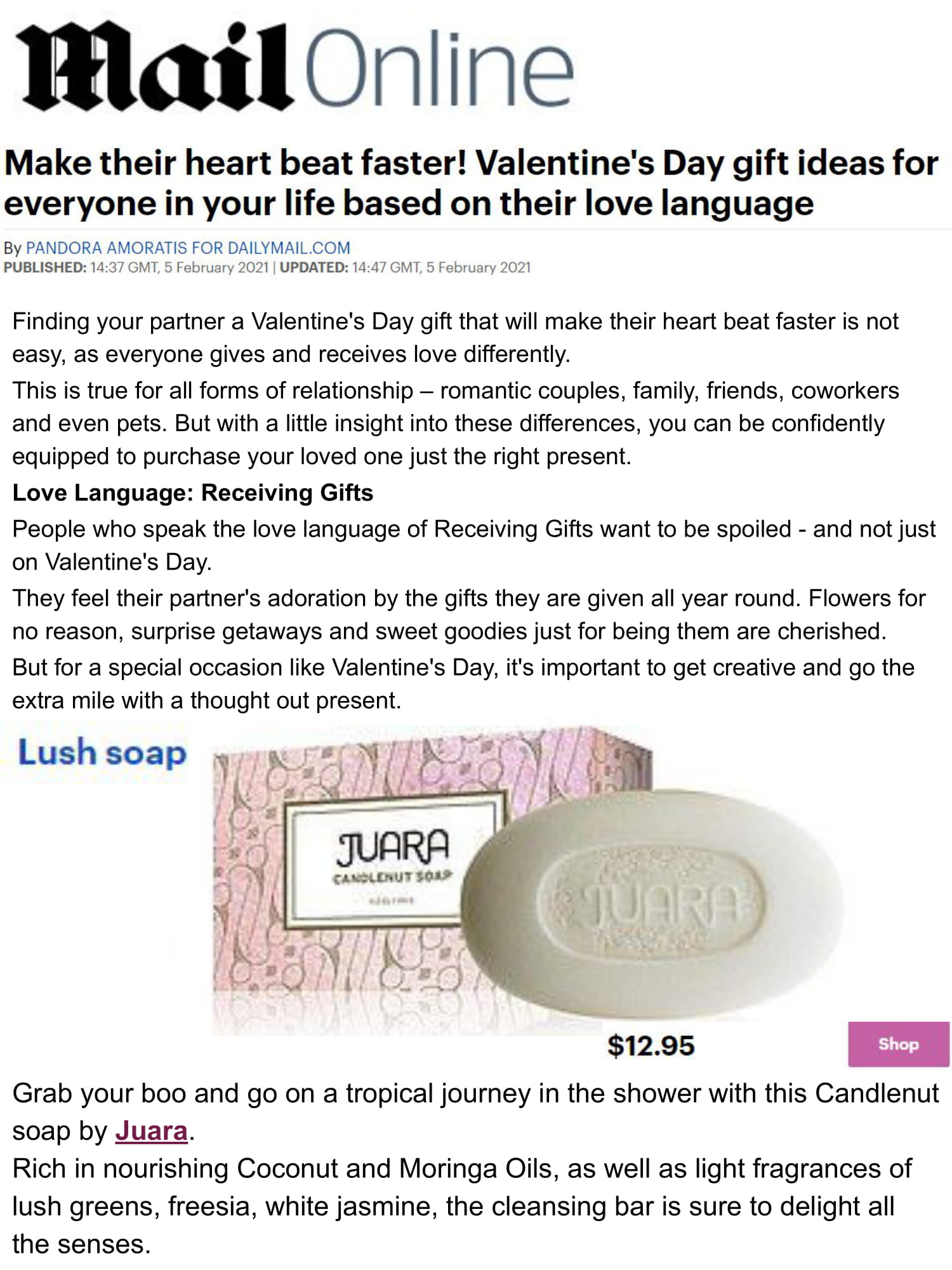 MAIL ONLINE : Make Their Heart Beat Faster! Valentine's Day Gift Ideas For Everyone in Your Life Base on Their Love Language JUARA Skincare