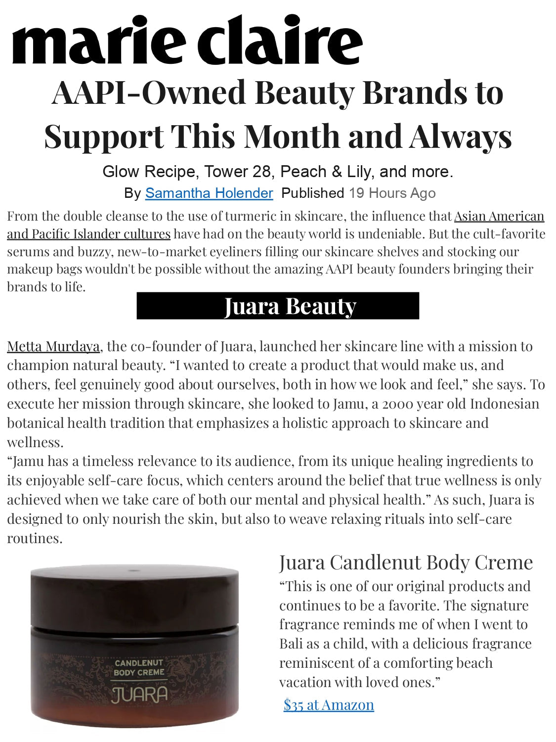 MARIE CLAIRE: AAPI-Owned Beauty Brands to Support This Month and Always JUARA Skincare