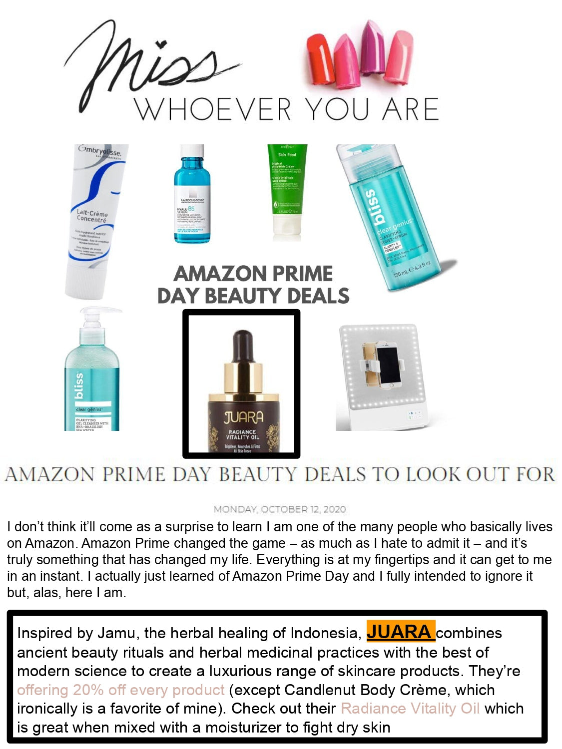 MISS WHOEVER YOU ARE : Amazon Prime Day Beauty Deals To Look Out For JUARA Skincare
