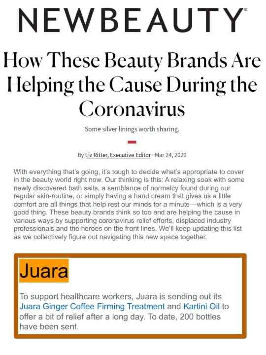 NEW BEAUTY : How These Beauty Brands Are Helping the Cause During the Coronavirus JUARA Skincare