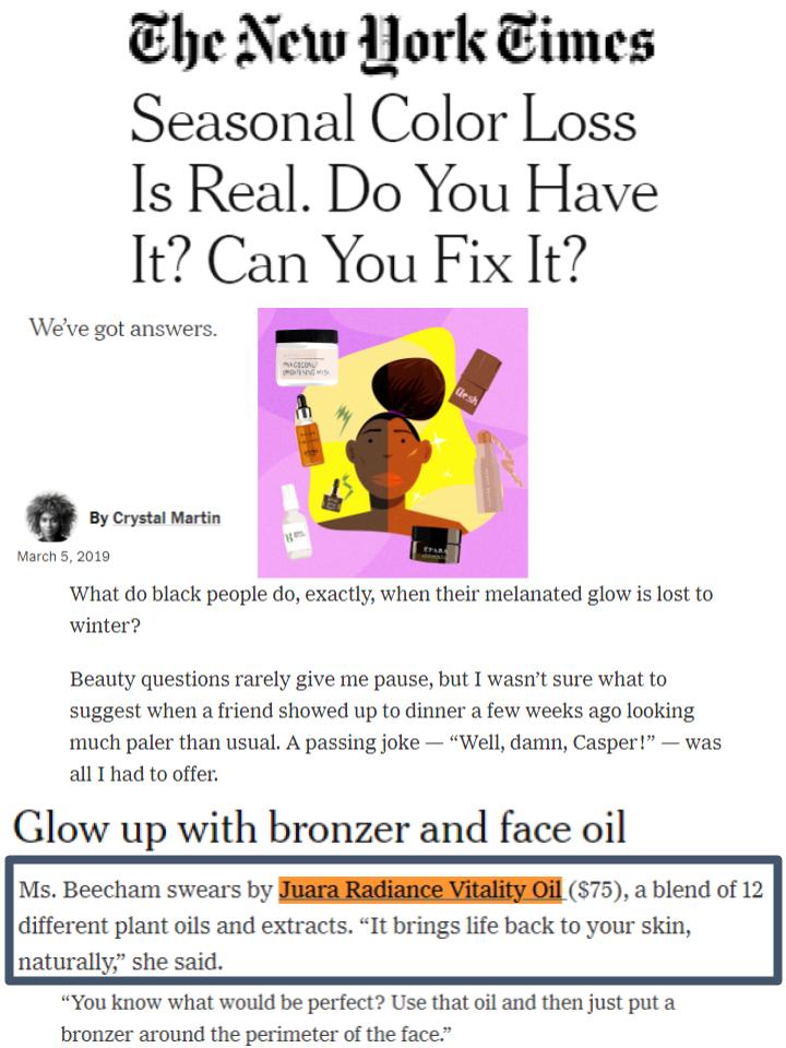 NEW YORK TIMES: Seasonal Color Loss Is Real. Do You Have It? Can You Fix It? JUARA Skincare