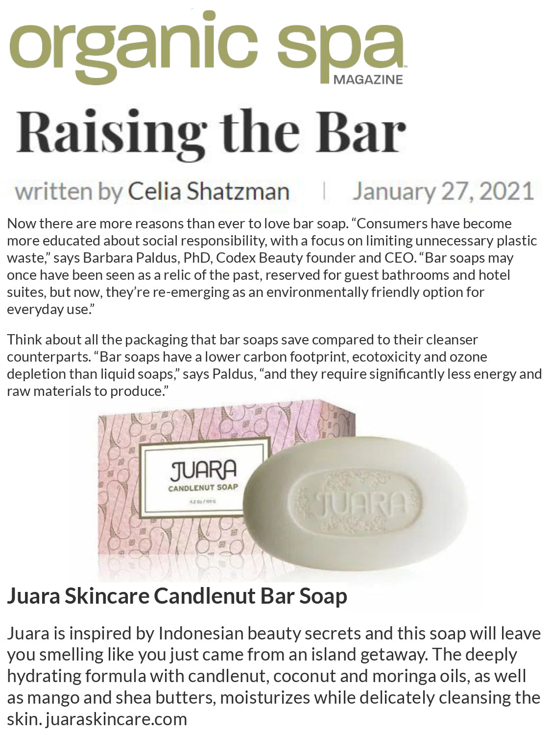 ORGANIC SPA MAGAZINE : Raising the Bar JUARA Skincare