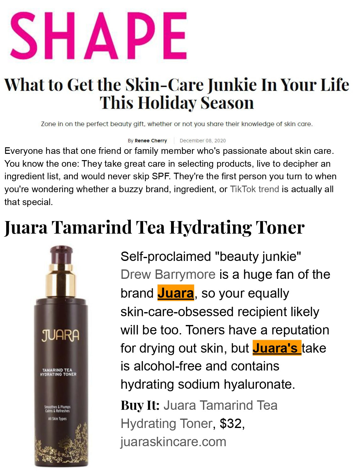 SHAPE : What to Get the Skin-Care Junkie in Your Life This Holiday Season JUARA Skincare