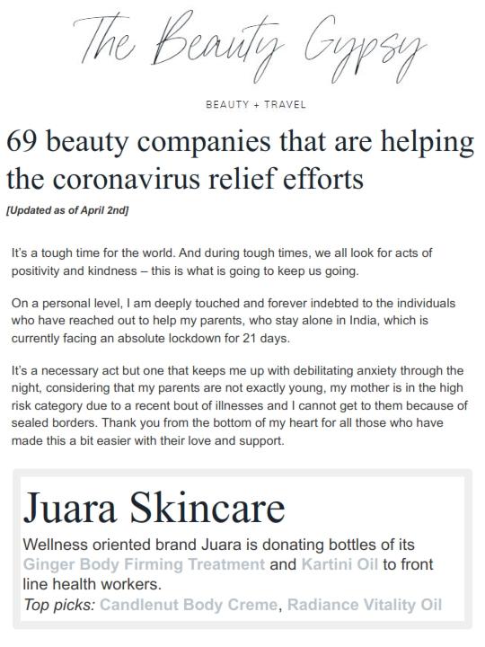 THE BEAUTY GYPSY: 69 Beauty Companies That Are Helping The Corona Virus Relief Efforts JUARA Skincare