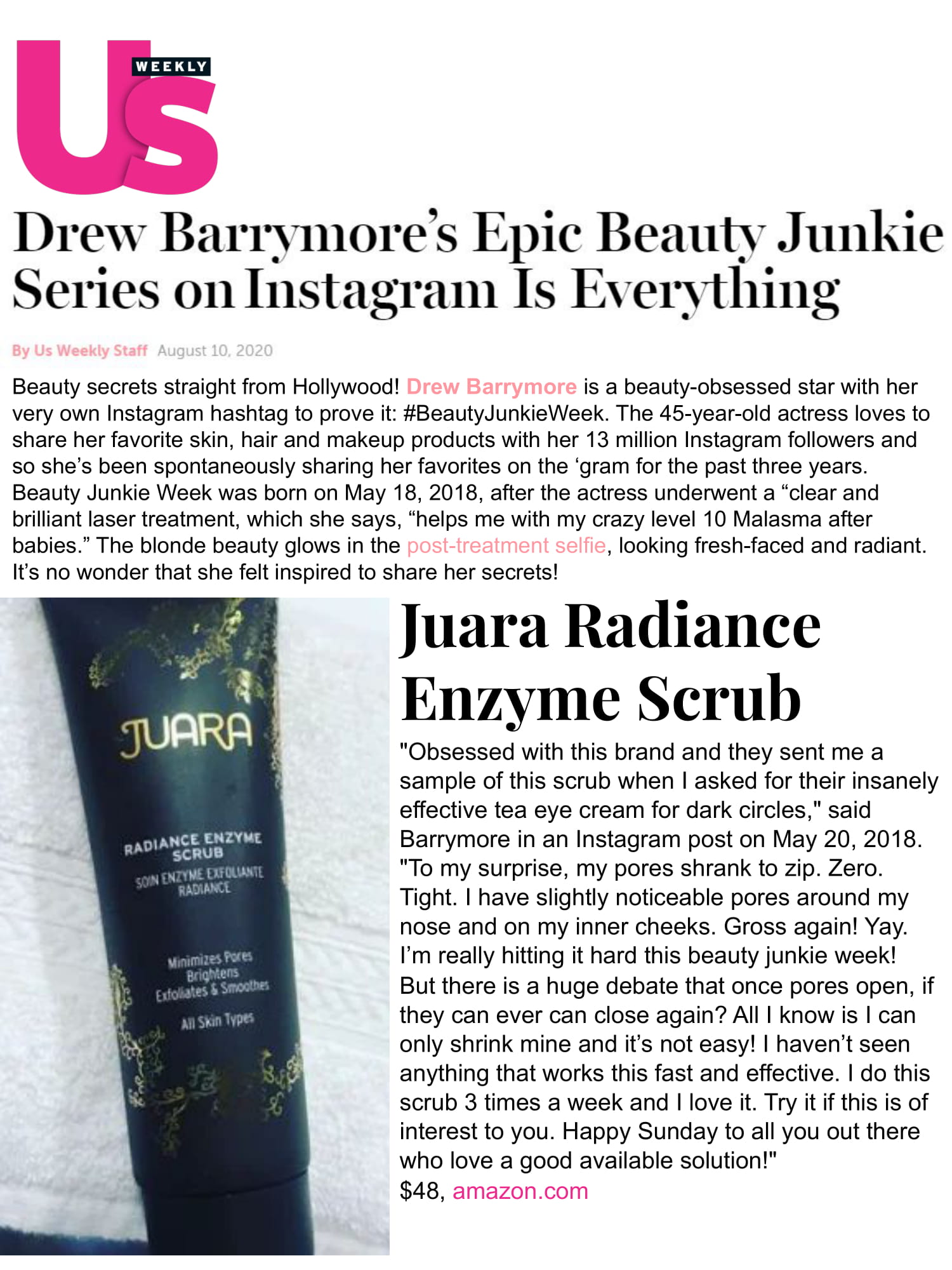 US WEEKLY : Drew Barrymore's Epic Beauty Junkie Series on Instagram Is Everything JUARA Skincare