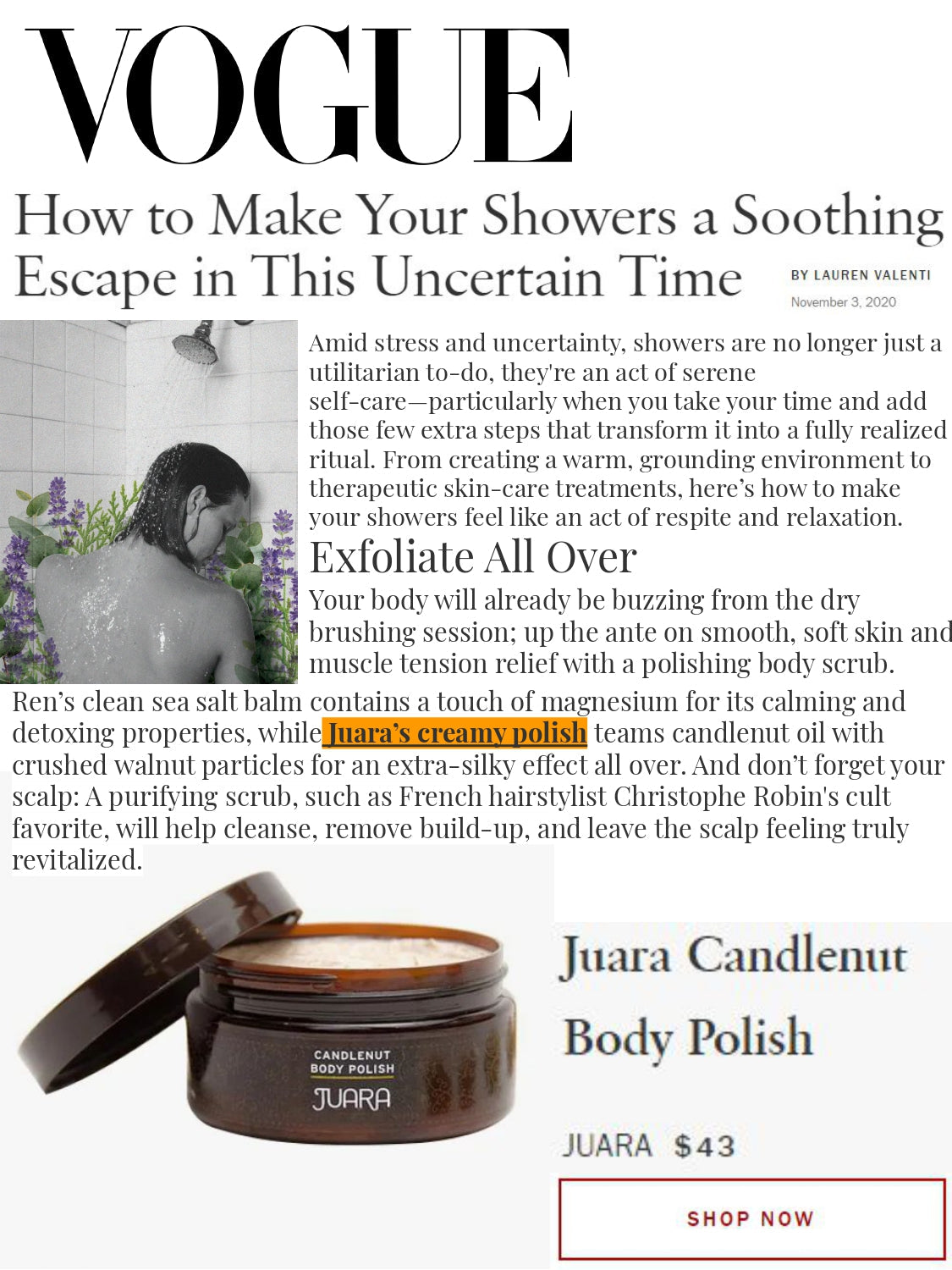 VOGUE : How to Make Your Showers a Soothing Escape in This Uncertain Time JUARA Skincare