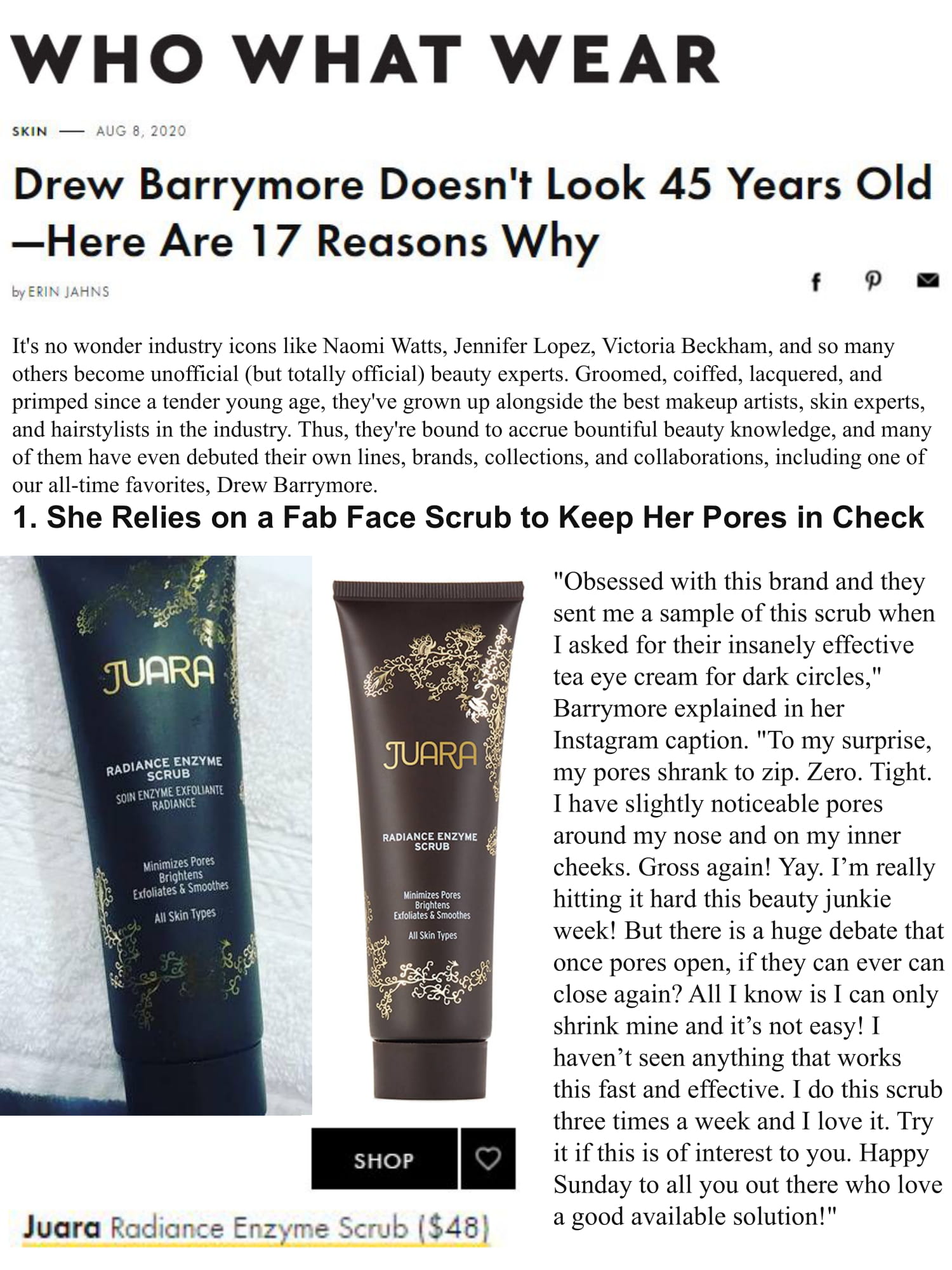 WHO WHAT WEAR : Drew Barrymore Doesn't Look 45 Years Old - Here Are 17 Reasons Why JUARA Skincare