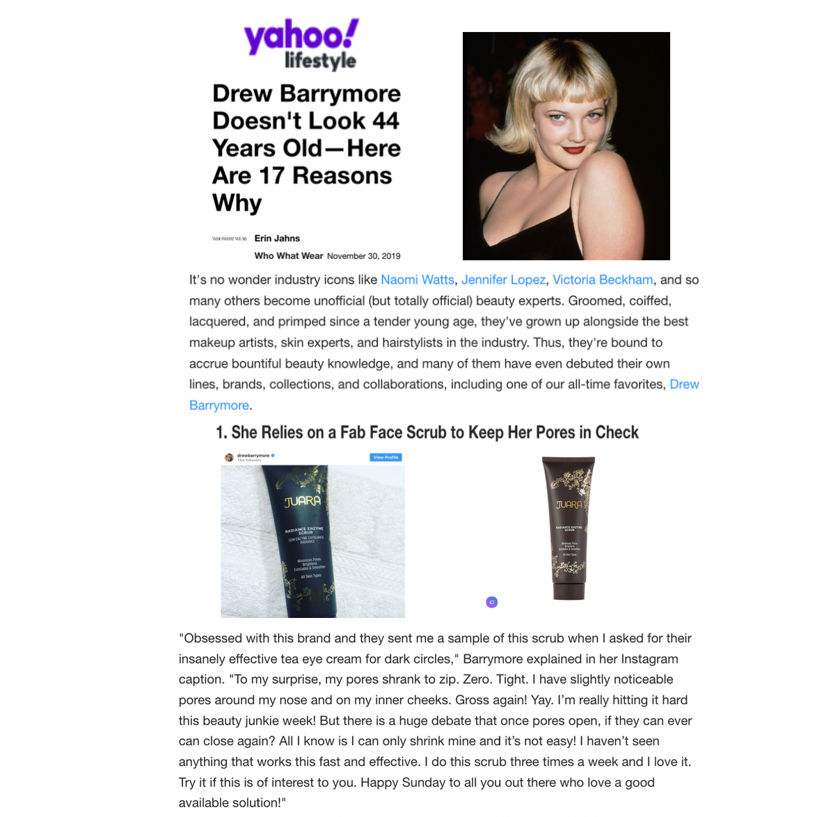 YAHOO LIFESTYLE: Drew Barrymore Doesn't Look 44 Years Old-Here are 17 Reasons Why JUARA Skincare