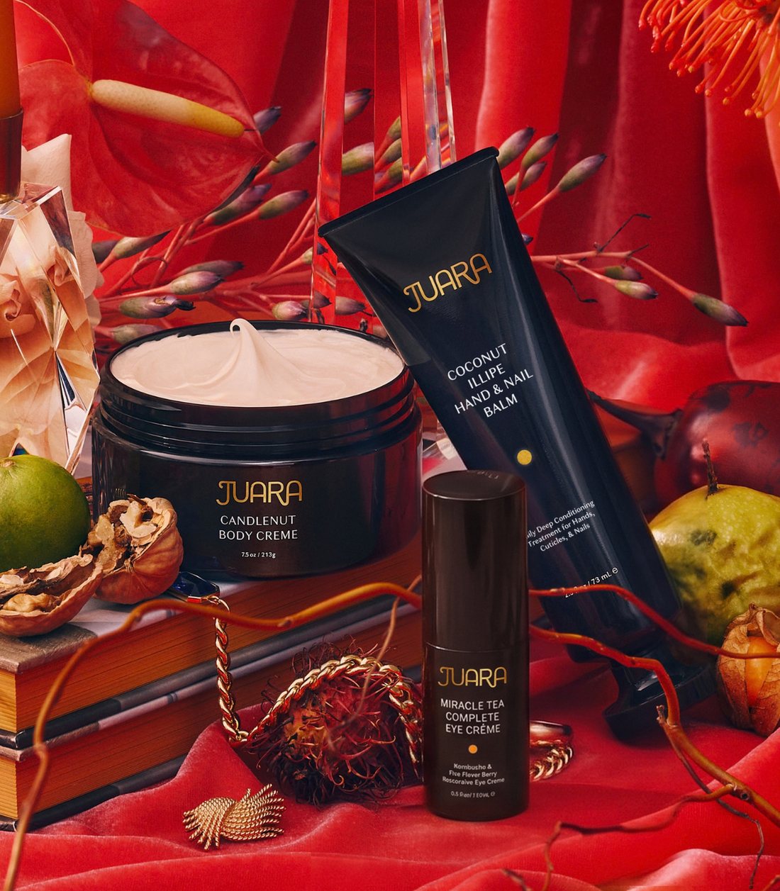 JUARA Candlenut Body Creme, Coconut Illipe Hand and Nail Balm, and Miracle Tea Complete Eye Creme